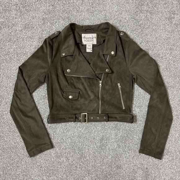 American Rag Jackets & Blazers - American Rag Cie Jacket Womens Medium Green Faux Suede Moto Belted Biker Cropped